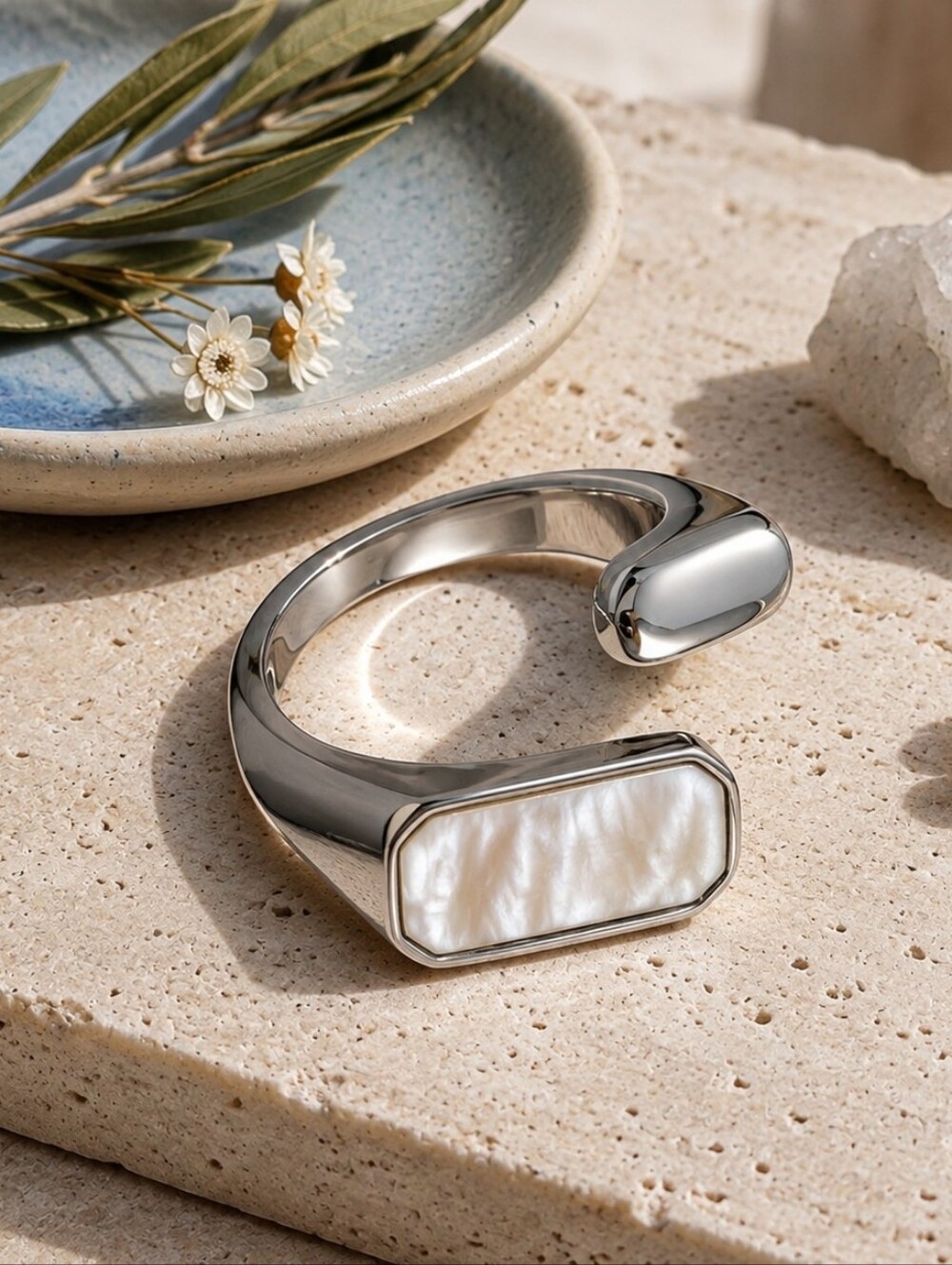 18K White Gold Plated Mother of Pearl Signet Ring Modern Geometric Adj 5-10
